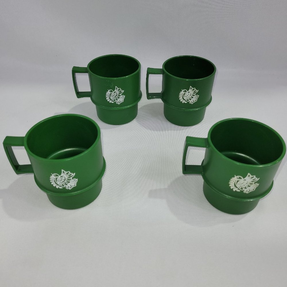 Tupperware Vintage 1312 Coffee Cup Mug Green Bird 4 Set